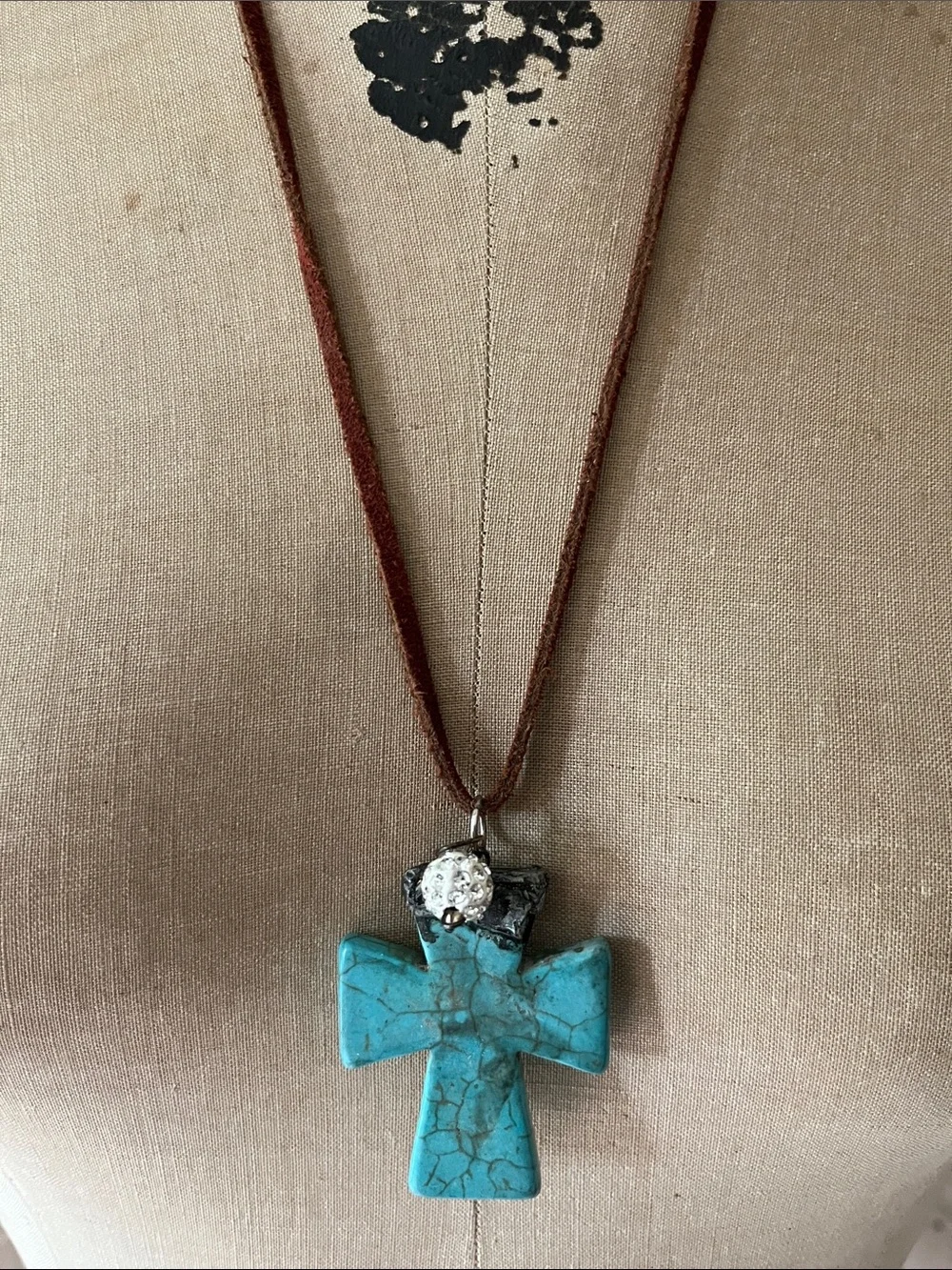 Turquoise look Howlite Cross Pendant Necklace on Brown Suede Cord